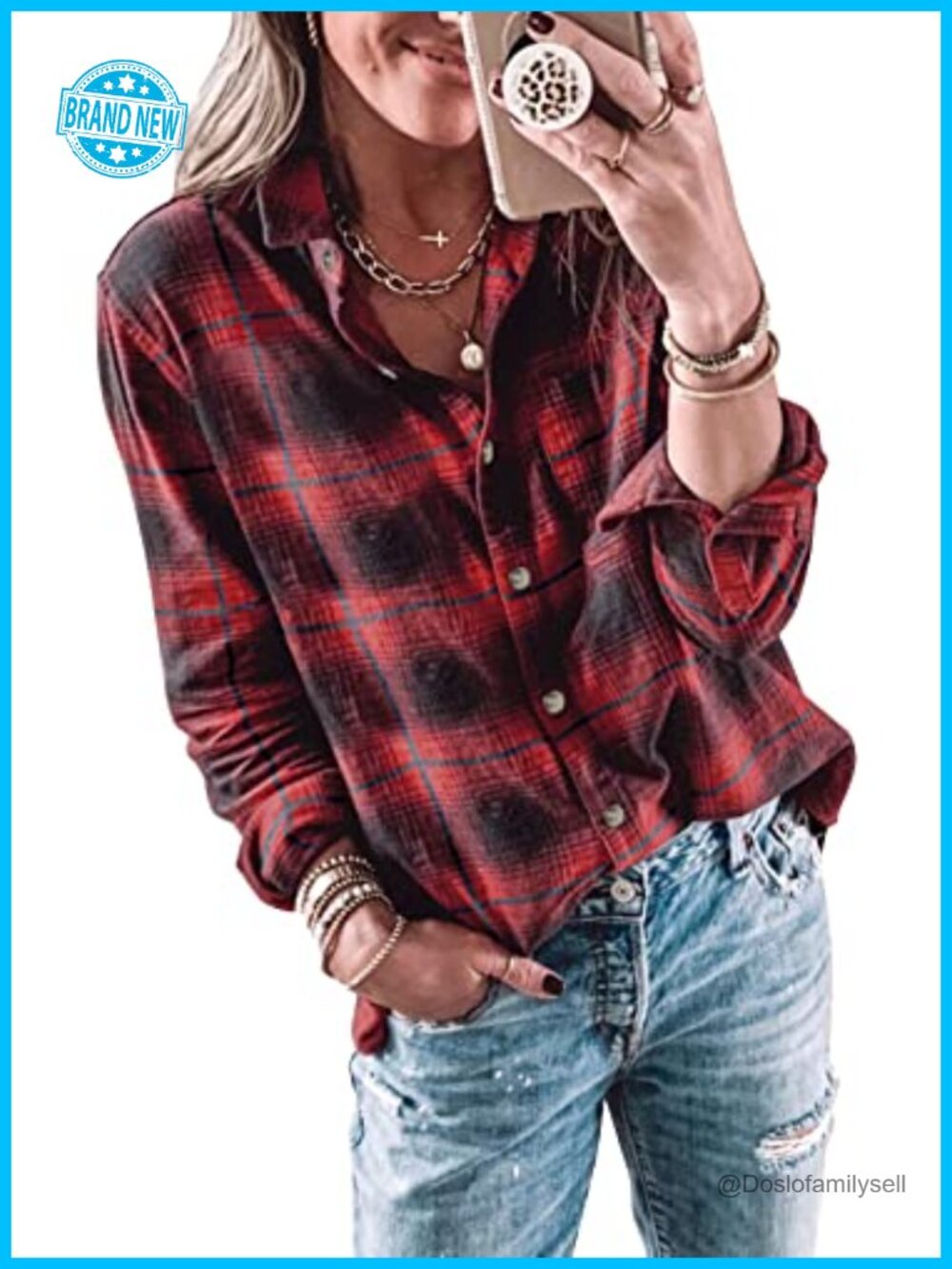 Womens Long Sleeve Button Down Plaid Flannel Shirt Casual Office Top